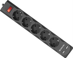 Defender Сетевой фильтр DFS 751 1,8 м, 5 розеток, 2xUSB, 2.1A, чёрный.     99751 - фото 10406