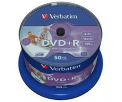 Диск DVD+R Verbatim 4.7 Gb, 16x, Cake Box (50), Printable     43512 - фото 9326